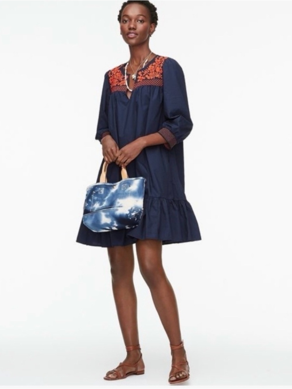 J. Crew Navy Midi Dress with Orange Embroidered Yoke